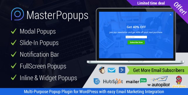 Master Popups WordPress plugin interface showing popup creation with email subscription form