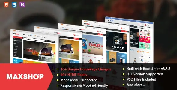 MaxShop ecommerce HTML template showing multiple homepage layout options on desktop and mobile devices