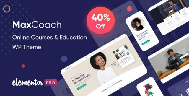 MaxCoach online education WordPress theme showcasing a professional e-learning course layout with Elementor page builder