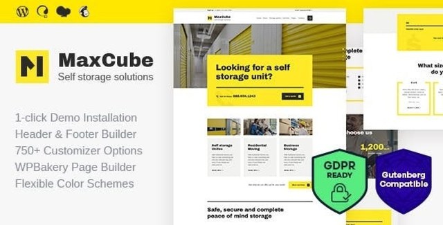 MaxCube moving company WordPress theme dashboard showing storage cost calculator and pre-designed service pages