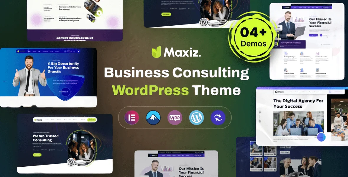 Maxiz Business Consulting WordPress Theme homepage preview showing Elementor builder interface