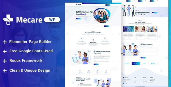 Mecare hospital and health WordPress theme designed for healthcare professionals with Elementor builder