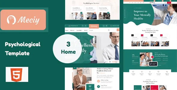 Meciy psychology and counseling HTML template homepage preview showing mental health website design