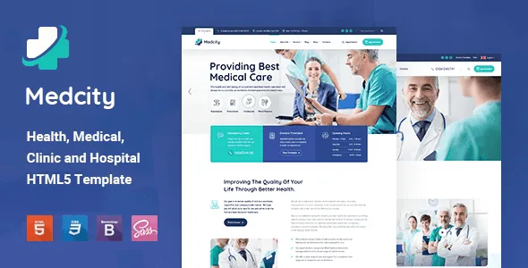 Medcity medical HTML5 template demo showing healthcare website layouts for clinics and hospitals