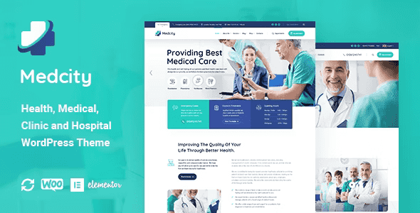 Medcity medical WordPress theme homepage preview showing healthcare website design
