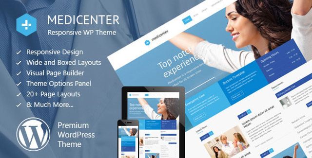 MediCenter medical WordPress theme homepage preview for clinics and hospitals