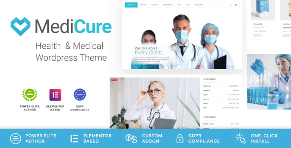 MediCure medical WordPress theme preview with Elementor page builder