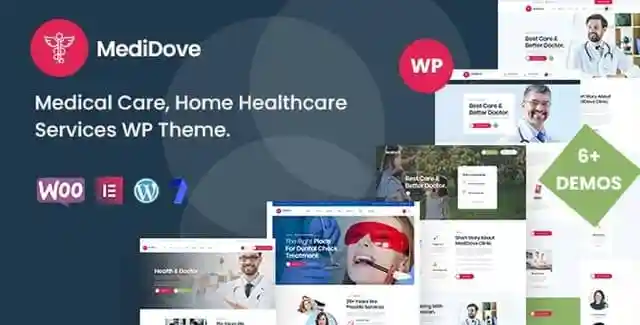 MediDove medical WordPress theme homepage preview featuring a healthcare website layout