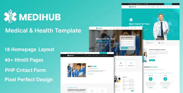 MediHub medical healthcare HTML template homepage preview showcasing responsive clinic website layout