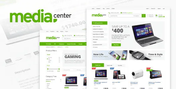 MediaCenter electronics store WordPress theme showcasing a modern WooCommerce layout with product comparison and brand filtering features