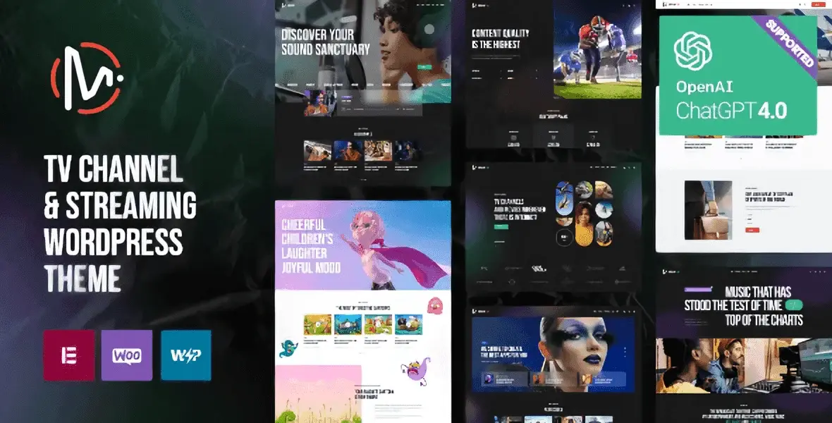 MediaFlex TV channel and streaming WordPress theme with vibrant entertainment website layout