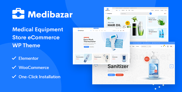 Medibazar medical WooCommerce theme homepage showing pharmacy and medical equipment store layout with Elementor builder interface