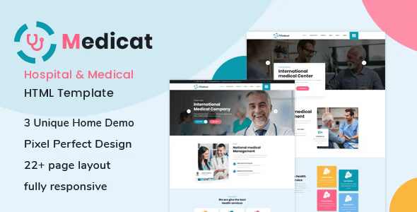 Medicat medical HTML5 template dashboard preview showing healthcare website design
