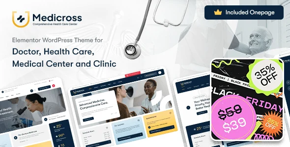 Medicross medical WordPress theme preview showcasing a professional healthcare website layout built with Elementor