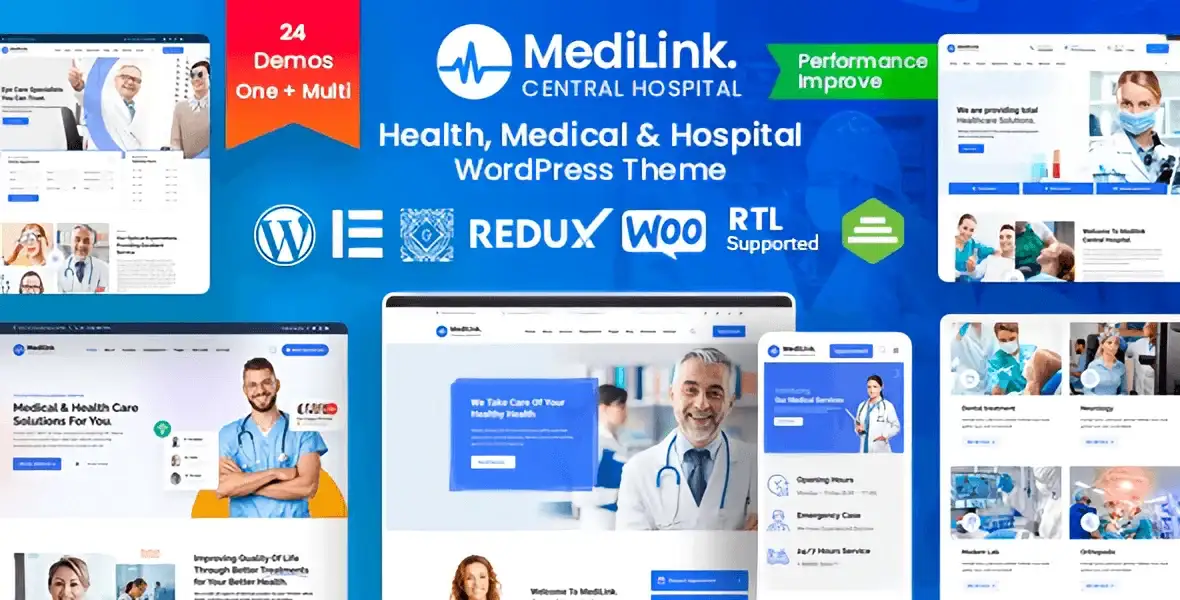 Medilink healthcare WordPress theme homepage demo with appointment booking