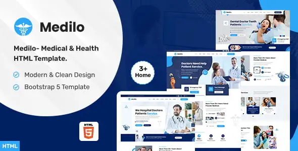 Medilo medical HTML template homepage showing clean healthcare website design with service cards, provider profiles, and appointment CTA