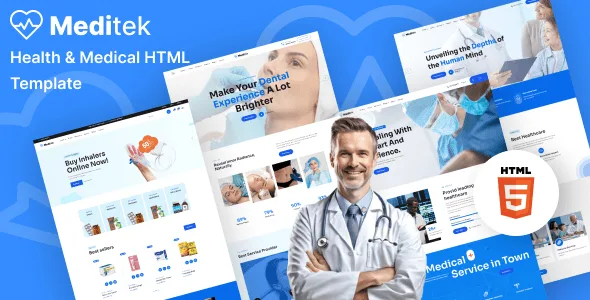 Meditek Bootstrap 5 medical HTML template homepage preview showing clean clinic website design