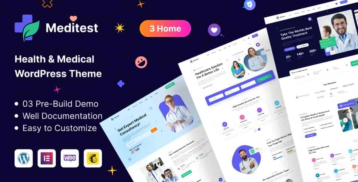 Meditest medical WordPress theme preview showing a clean healthcare website layout