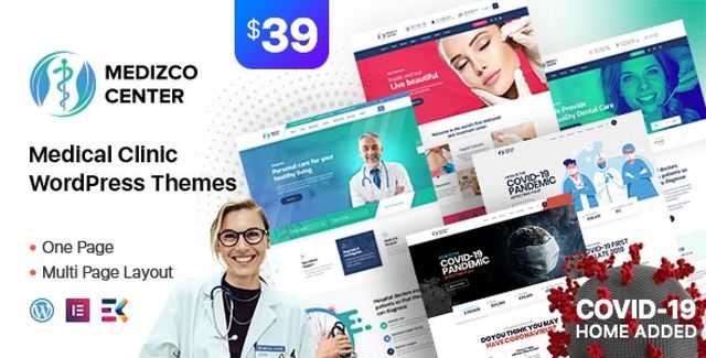 Medizco medical WordPress theme preview showing healthcare website layout