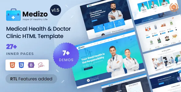 Medizo healthcare clinic HTML template preview showing responsive medical website design