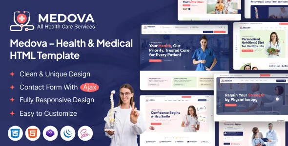 Medova health and medical HTML template preview showing a clean modern design for clinics and hospitals