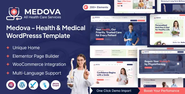 Medova medical WordPress theme homepage showing clean healthcare website design with service cards, doctor profiles, and appointment section