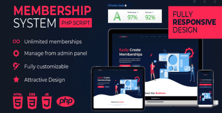 Membership System PHP Script admin dashboard showing subscription management and payment gateway settings