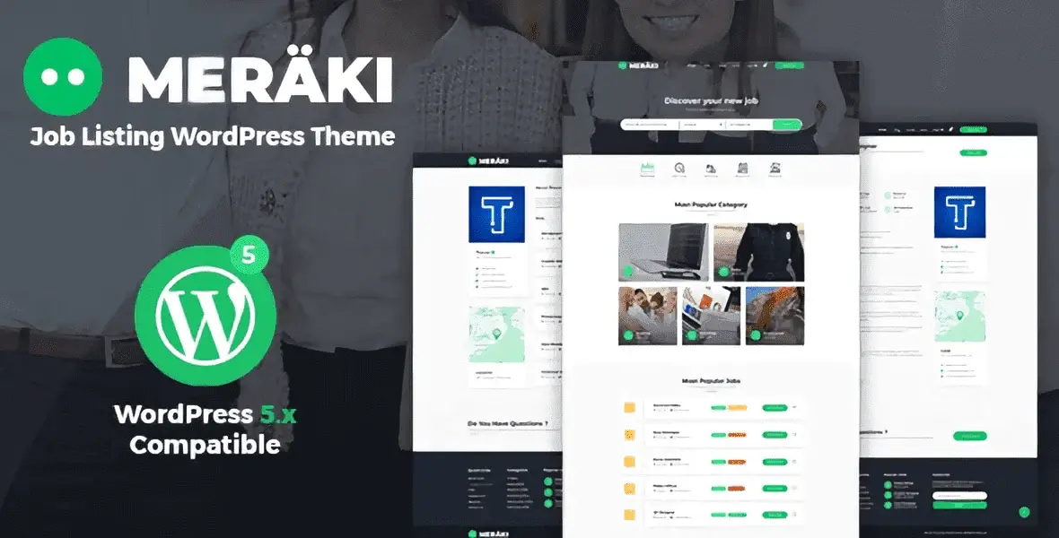 Meraki job board WordPress theme preview showing professional career portal layout with Elementor customization