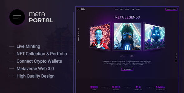 MetaPortal NFT portfolio HTML template preview showing landing page with collection filters and roadmap section