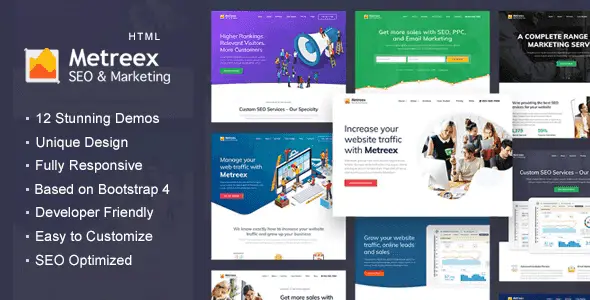 Metreex SEO agency landing page HTML template preview showing responsive design and modern layout
