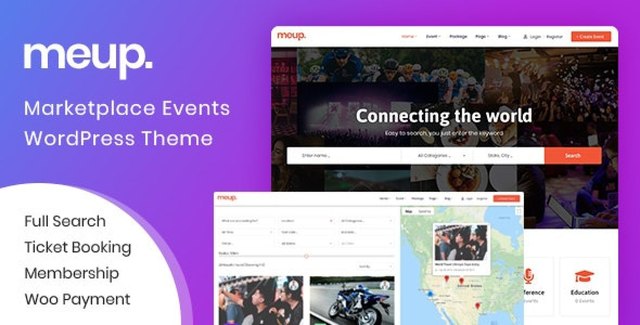 Meup event marketplace WordPress theme dashboard showing directory listing and ticketing features