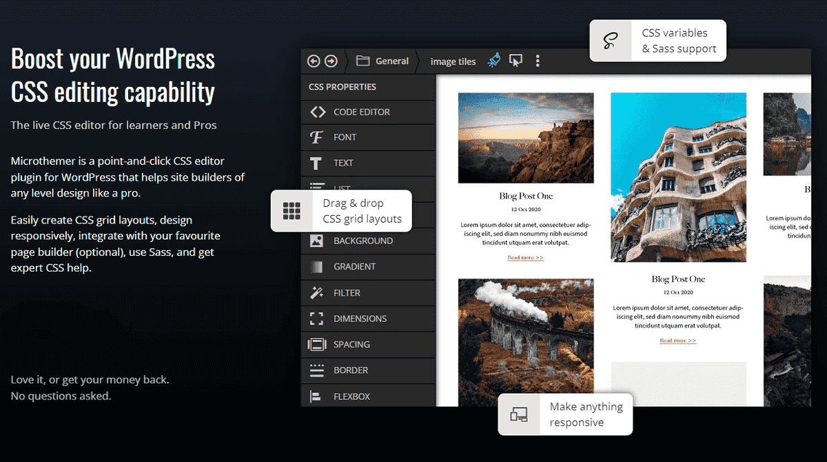Microthemer WordPress CSS editor plugin interface showing visual point-and-click styling options
