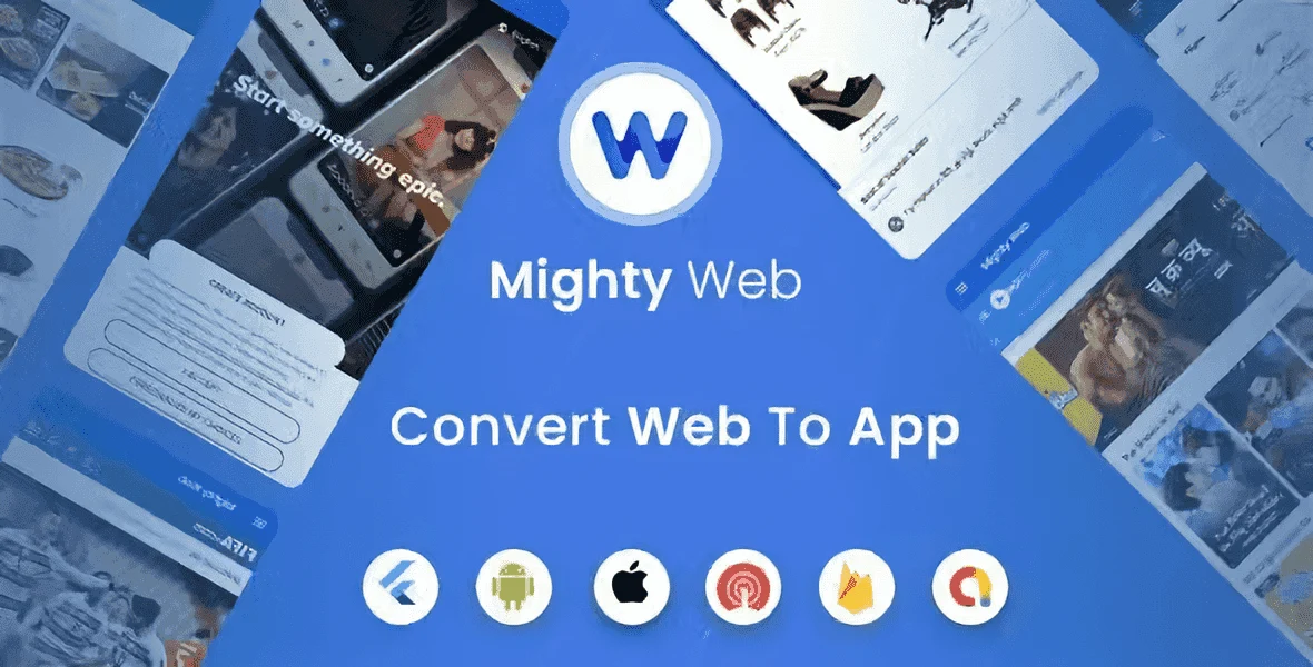 MightyWeb Flutter webview app converter admin panel dashboard showing website URL configuration and app settings