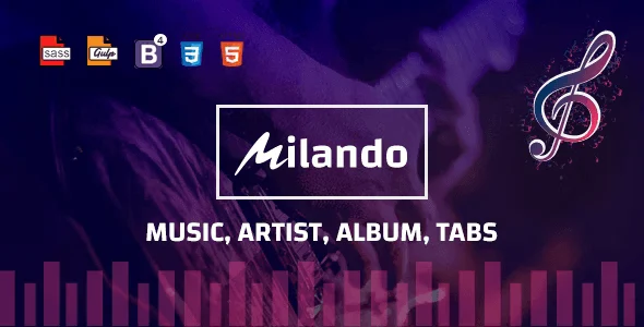 Milando HTML5 music portal template with built-in track player and vibrant multi-color design