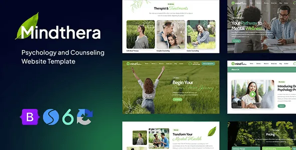 Mindthera psychology website template preview for therapists and counselors