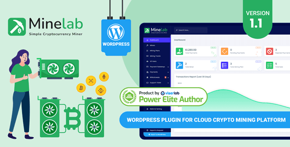 MineLab cloud crypto mining WordPress plugin interface showing admin dashboard and user investment panels