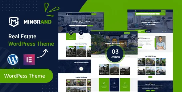 Mingrand real estate WordPress theme with Elementor page builder layout and property listings