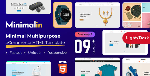 Minimalist fashion ecommerce HTML template preview showing clean product layouts and responsive design
