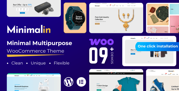 Minimalin minimal multipurpose WooCommerce theme homepage preview showing clean product grid and modern typography