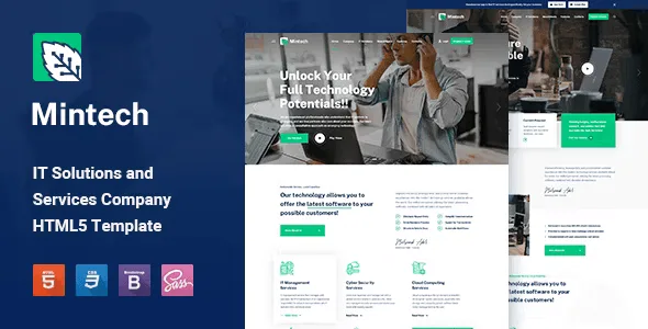 Mintech IT Solutions HTML5 template preview showing technology services website layout with Elementor page builder