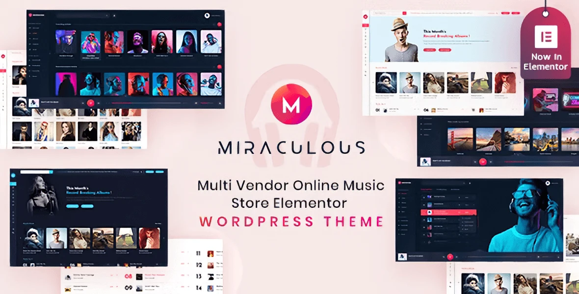 Miraculous WordPress theme dashboard showing music store with audio player, artist profiles, and responsive layout preview