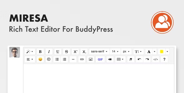 Miresa BuddyPress rich text editor toolbar with formatting, media, and GIPHY options