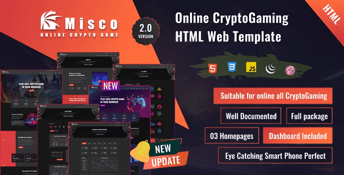 Miscoo crypto gaming HTML template preview showing responsive design for desktop and mobile