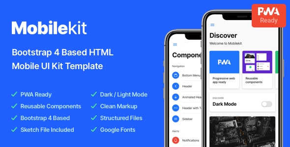 Mobilekit mobile UI kit template preview with app-style components and dark mode