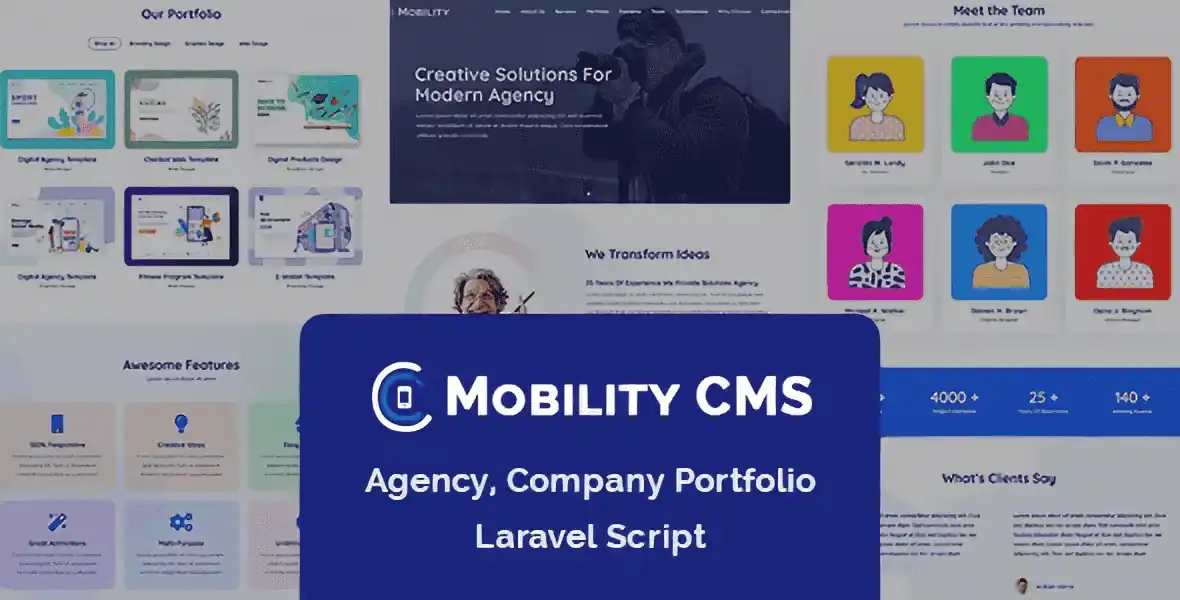 Mobility CMS agency portfolio Laravel PHP script interface preview