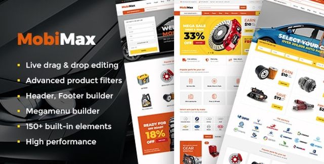 Mobimax auto parts WordPress theme preview showing a responsive WooCommerce store layout