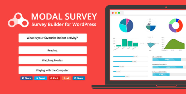 Modal Survey WordPress plugin dashboard showing survey creation interface with progress bars and pie chart result displays
