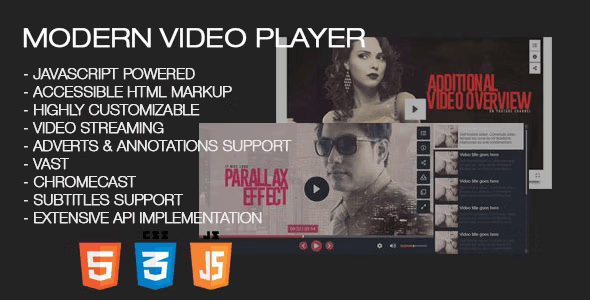 Modern Video Player WordPress plugin interface showing responsive video player with playlist, subtitles, and quality selector