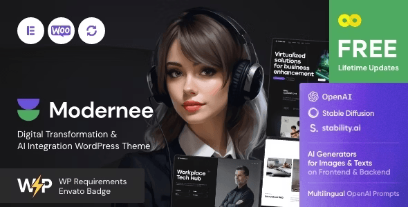 Modernee AI WordPress theme for digital agencies with Elementor compatibility and responsive design