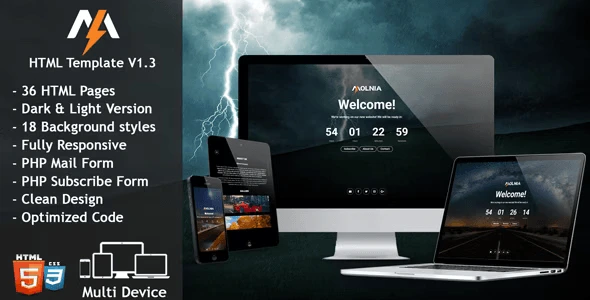 Molnia responsive coming soon HTML template with countdown timer and minimal design